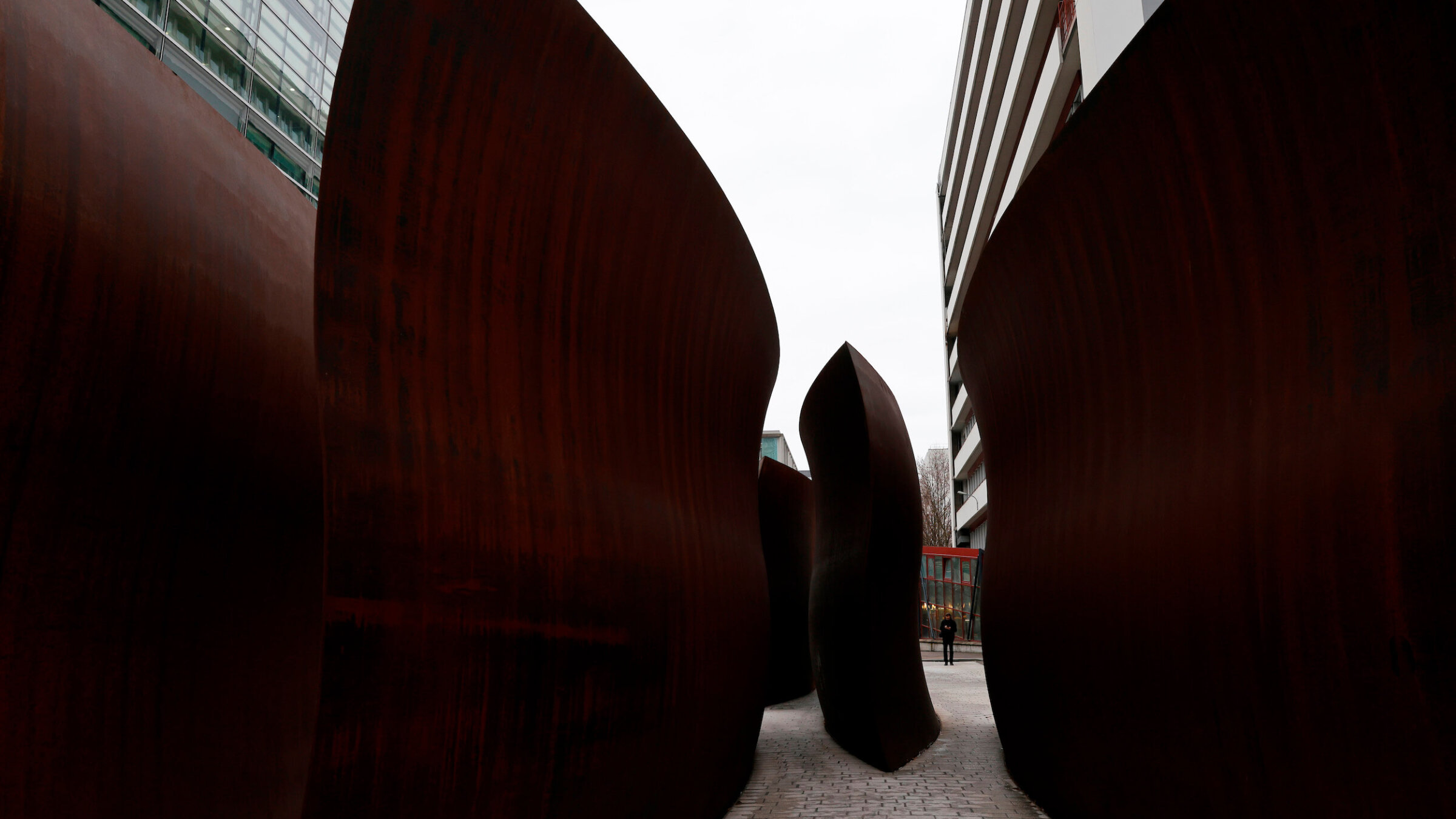 A sculpture by Richard Serra in a plaza at the Novartis AG headquarters campus in Basel, Switzerland.